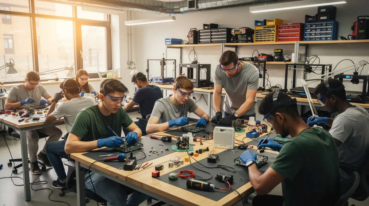A group of young adults engaged in hands-on technical skills training in a modern workshop, emphasizing the importance of employability skills and teamwork for workforce readiness.