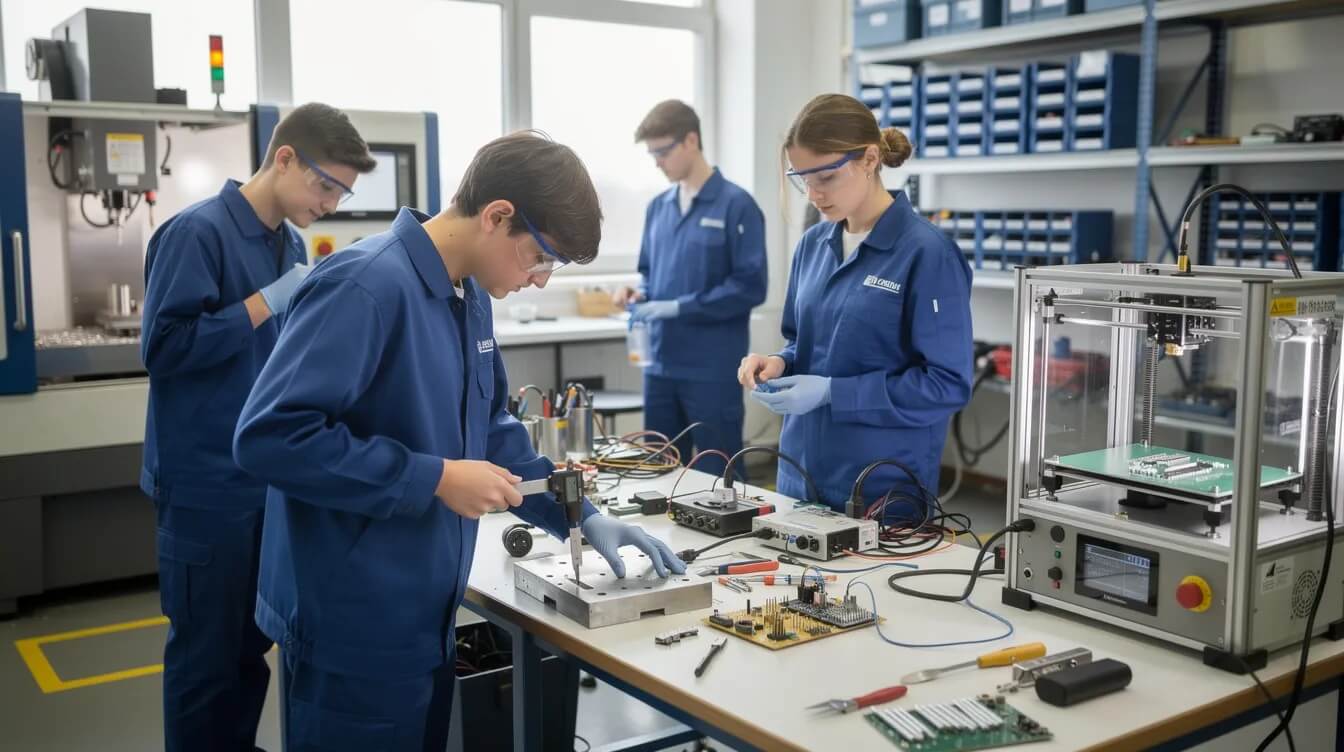 Young apprentices actively engaged in hands-on training (1) Young apprentices wearing safety glasses and work uniforms participate in hands-on technical training with electronic equipment and machinery, highlighting practical skills development, workforce training, and apprenticeship-based learning.