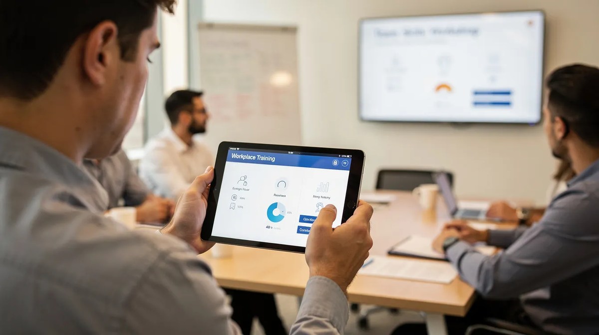 A young person using a mobile tablet application in a workplace training environment, focusing on career exploration activities that enhance his employability skills and critical thinking.