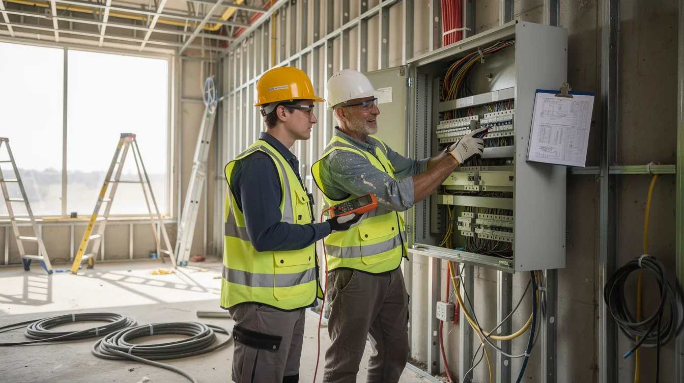 apprentice-electrician-job-site-panel A young adult and an experienced electrician work together on a commercial job site, both wearing safety helmets and high-visibility vests to ensure safety. This scene highlights the importance of on-the-job training in registered apprenticeship programs, which provide youth with valuable skills and career development opportunities in the electrical industry