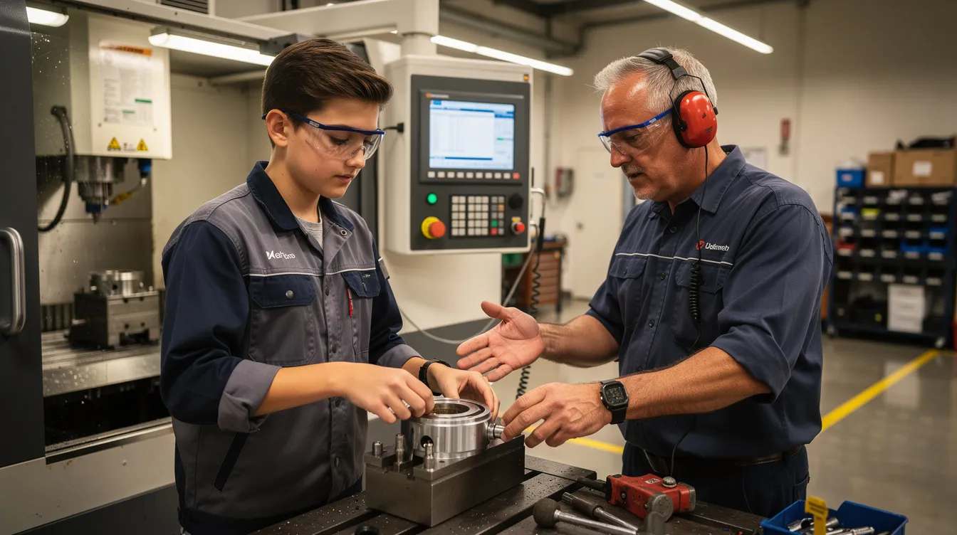 apprentice-mentor-cnc-machining-workstation A young person wearing safety glasses is engaged in hands-on work at a modern manufacturing workstation, collaborating with a mentor. This scene highlights the importance of youth apprenticeship programs, where students gain real-world experience and skills essential for career success.