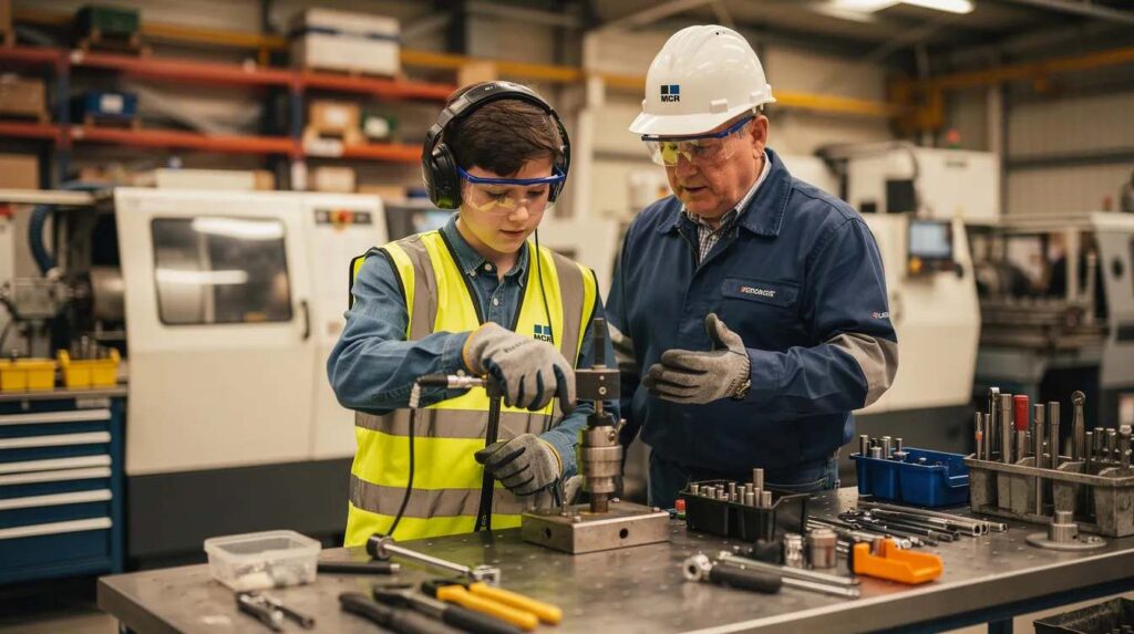 A young person, equipped with safety gear, is working diligently at a manufacturing workstation alongside an experienced mentor, emphasizing the importance of on-the-job training in apprenticeship programs. This scene highlights the valuable mentorship and practical skills gained through youth apprenticeships, preparing students for their chosen career paths.