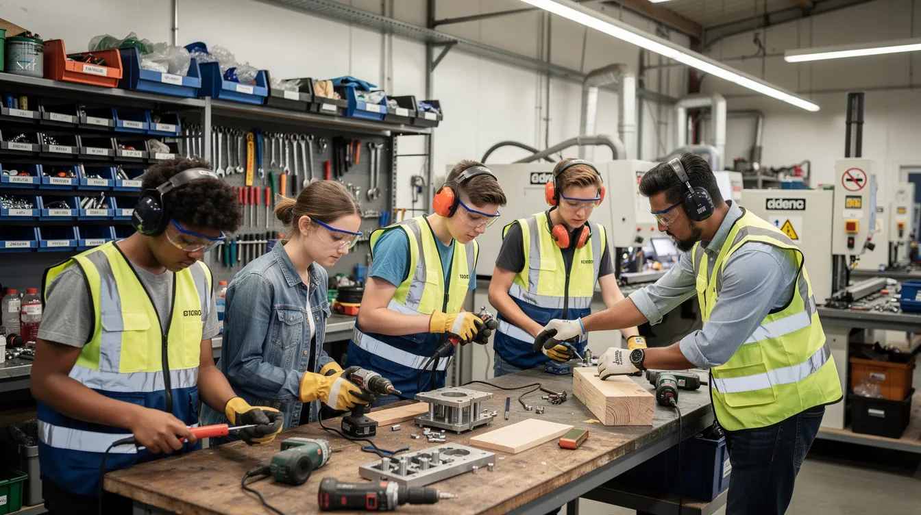 apprentices-workshop-hands-on-training A diverse group of young apprentices is engaged in hands-on technical skills training in a workshop, utilizing various tools and wearing safety equipment. This scene highlights the importance of youth apprenticeship programs and on-the-job training as they work towards gaining industry-recognized skills for their future careers