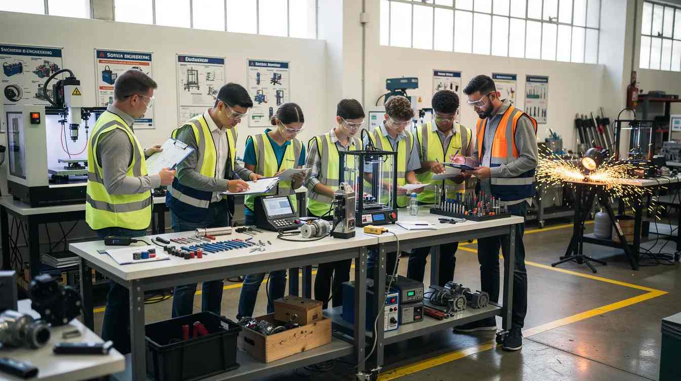 employer-school partnerships High school students are actively engaged in a manufacturing workshop, collaborating with engineering mentors during a hands-on training session that enhances their technical skills. This work-based learning experience fosters strong employer partnerships, connecting students with career opportunities and preparing them for successful careers in various industries