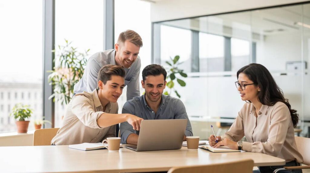 In a bright modern office space, young professionals collaborate around laptops, engaging in experiential learning and sharing career advice as they explore their chosen career paths. This vibrant work environment highlights the importance of on-the-job training and the potential benefits of internships and apprenticeship programs for students interested in developing practical skills and building a professional network.