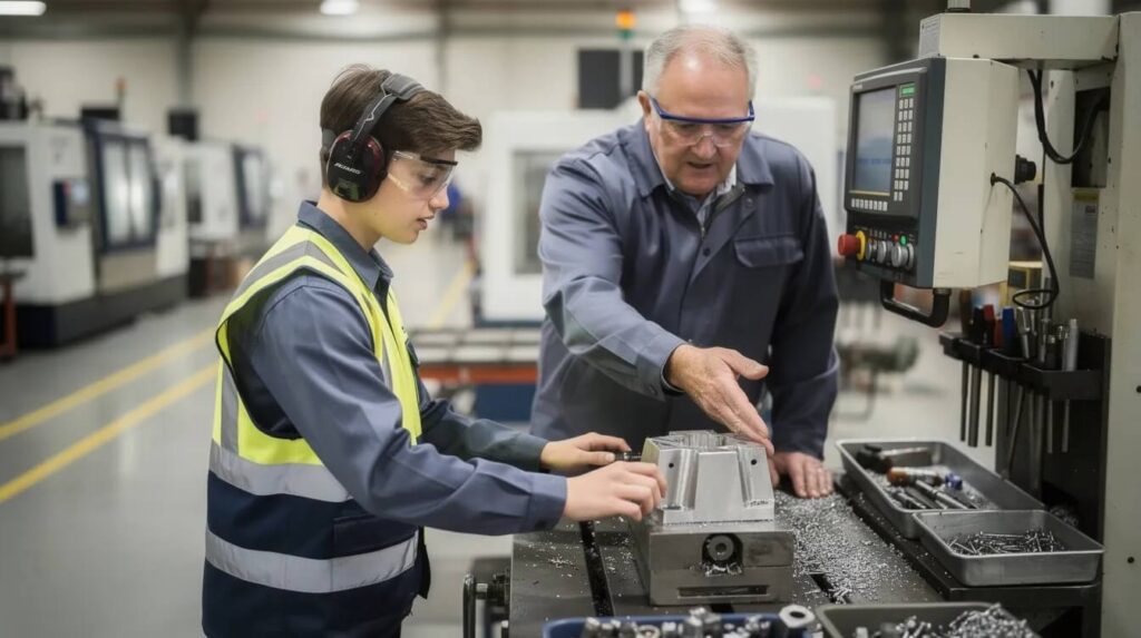 a young apprentice working closely with a mentor at a manufacturing workstation, highlighting the importance of training programs and workforce innovation