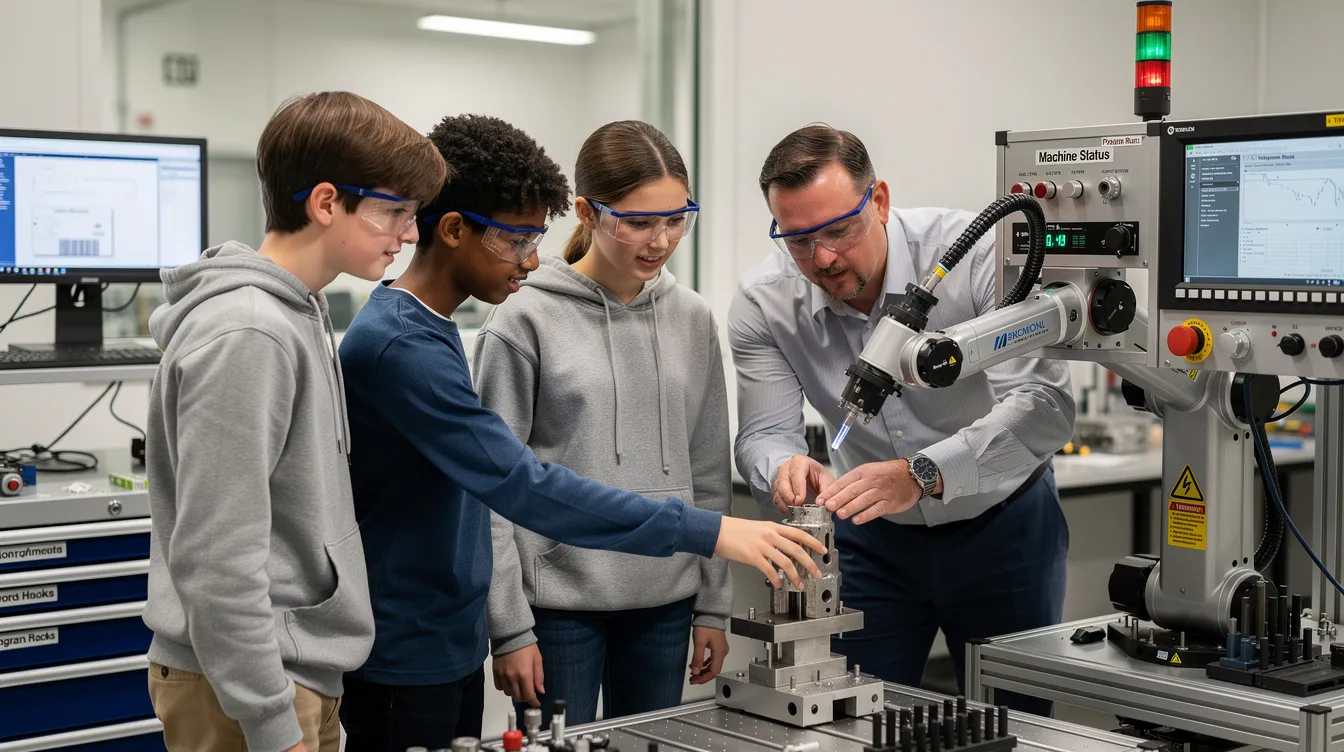 students-mentor-manufacturing-workstation A group of high school students, wearing safety glasses, are engaged in hands-on training at an advanced manufacturing workstation, guided by an adult mentor. This scene illustrates the importance of youth apprenticeship programs in providing real-world experience and skills development for students as they explore their chosen career paths