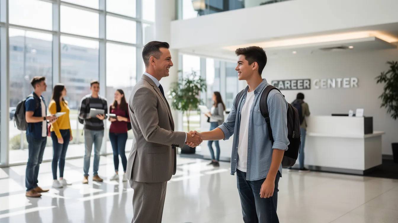 work-based learning A professional is shaking hands with a student in a workplace lobby, symbolizing strong employer partnerships that connect students with career opportunities. In the background, other students observe, highlighting the importance of networking events and employer engagement in workforce development.