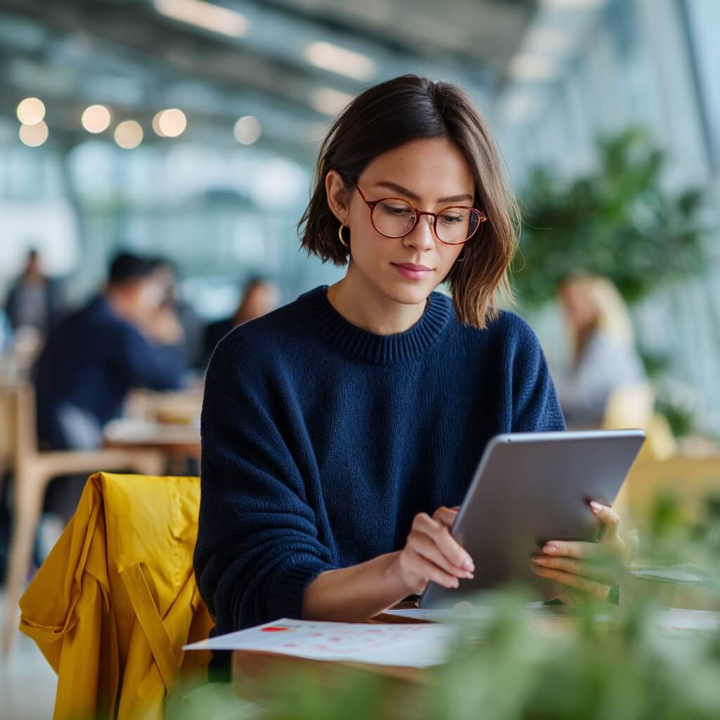 Editorial_realism_medium_shot_of_a_Filipino A recent graduate reviews a skills checklist on a tablet in a modern coworking space, cross-referencing her qualifications against a job posting as part of building her skills roadmap.