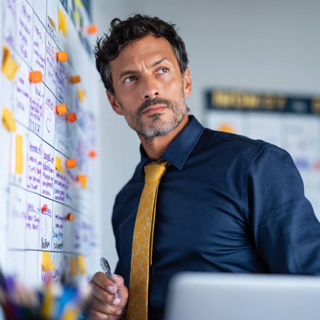 Editorial_realism_medium_shot_of_a_Hispanic_44yr (1) A compliance officer stands at a wall calendar marked with colorful pins, reviewing upcoming state and federal workforce data filing deadlines.