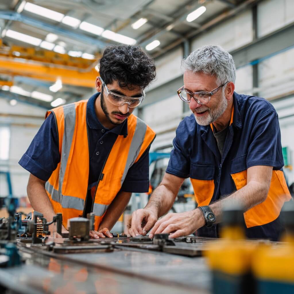 Editorial_realism_medium_shot_of_a_South_Asian An apprentice and his mentor work together at a workbench in a modern workshop, with the mentor guiding hands-on training as part of a structured work-based learning program.