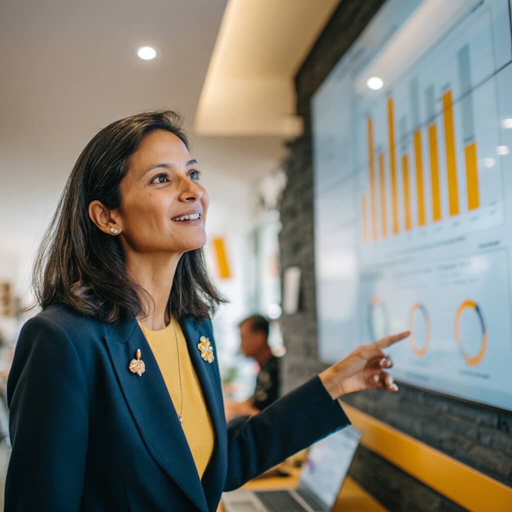 Editorial_realism_over-the-shoulder_medium A career services director reviews a wall-mounted dashboard displaying placement rates and employer satisfaction scores in a modern office, tracking the impact of the institution's employer partnerships.