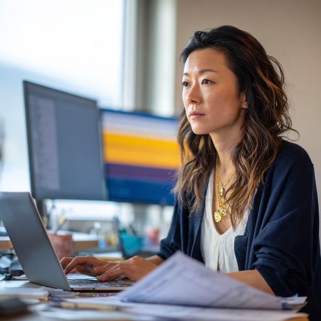 Editorial_realism_over-the-shoulder_medium_shot (1) A workforce data coordinator cross-references an apprenticeship tracking dashboard on her laptop with a printed state compliance report, reconciling demographic data across reporting systems.