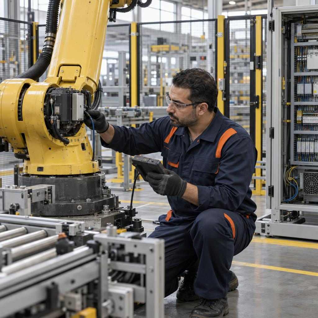 GOS-IMG-WP-AUTO-CompanyWorker-1x1-v01 A robotics and automation expert doing maintenance work on a robotic arm in a factory. Machinist training is a great way to make your way into this field.