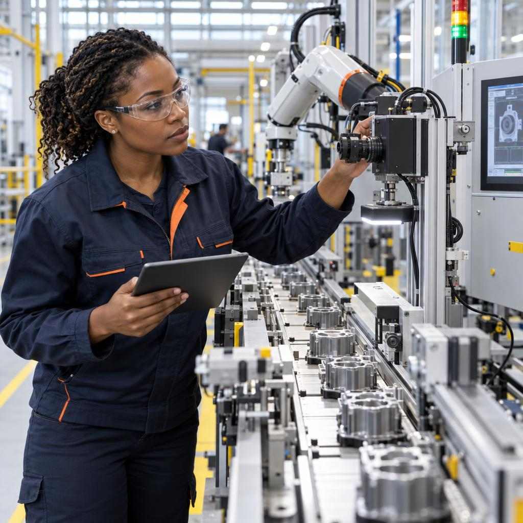 GOS-IMG-WP-AUTO-CompanyWorker-1x1-v02 An apprentice working on a factory floor, maintaining automated production machines.