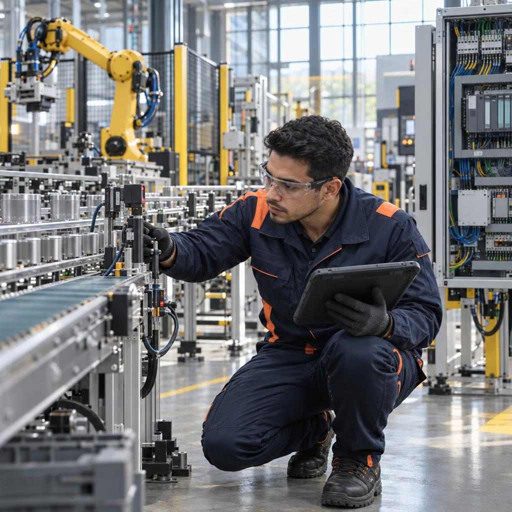 GOS-IMG-WP-AUTO-CompanyWorker-1x1-v05 An industrial automation technician's apprentice examines an automated production line on a factory floor.