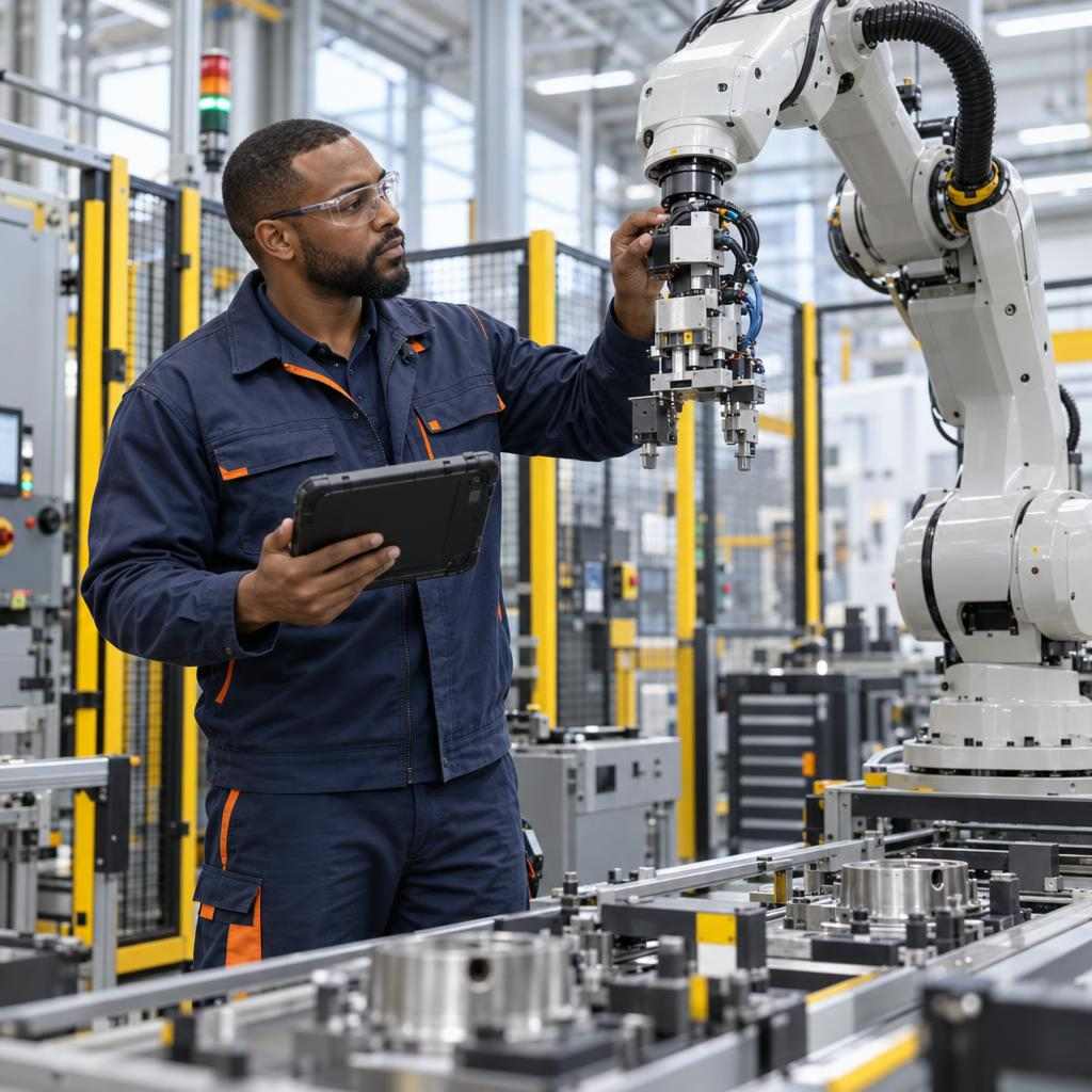 GOS-IMG-WP-AUTO-CompanyWorker-1x1-v07 An experienced automation technician working on a factory floor.