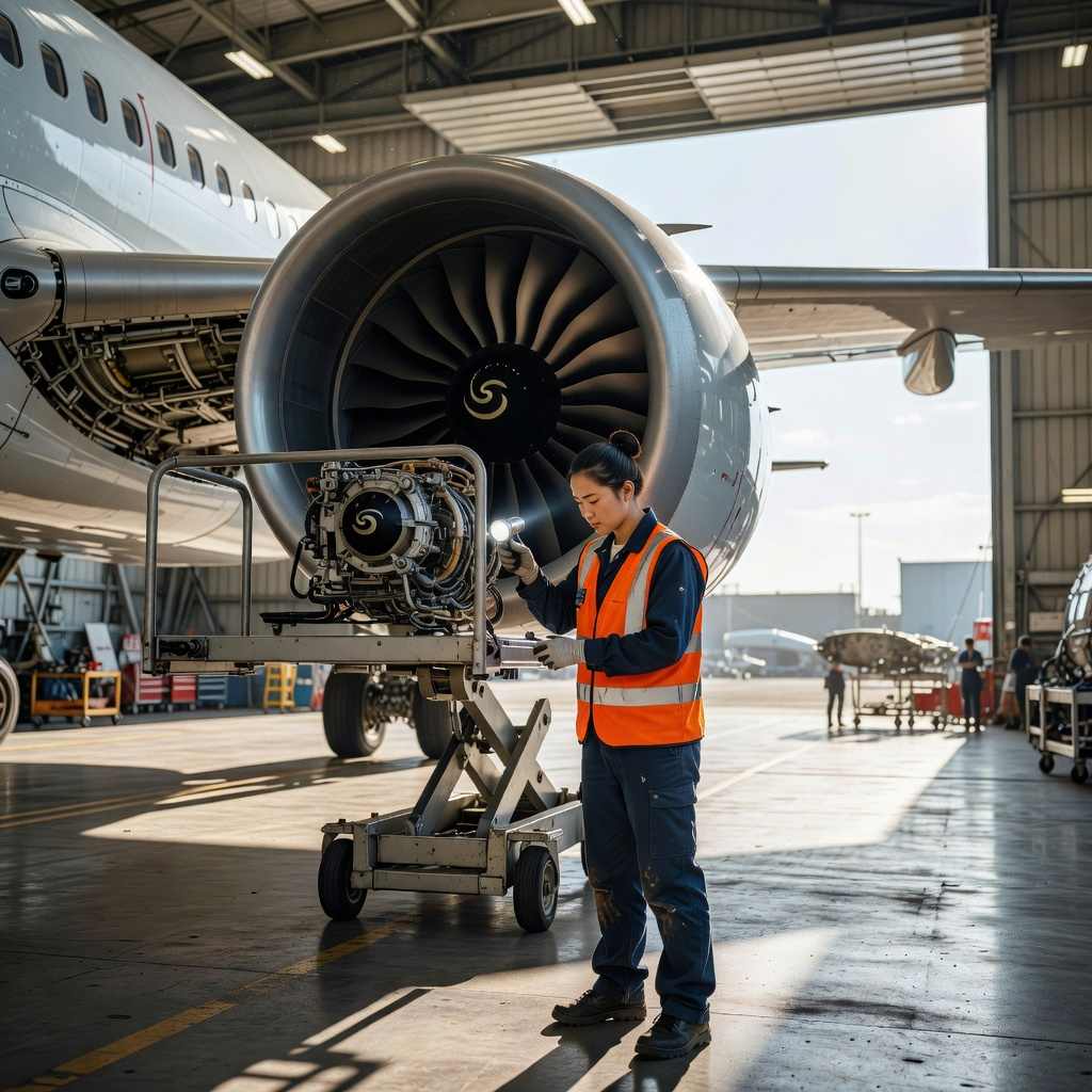 GOS-IMG-WP-AVI-AirplaneMechanic-1x1-v01 Aviation mechanic inspecting an aircraft engine component