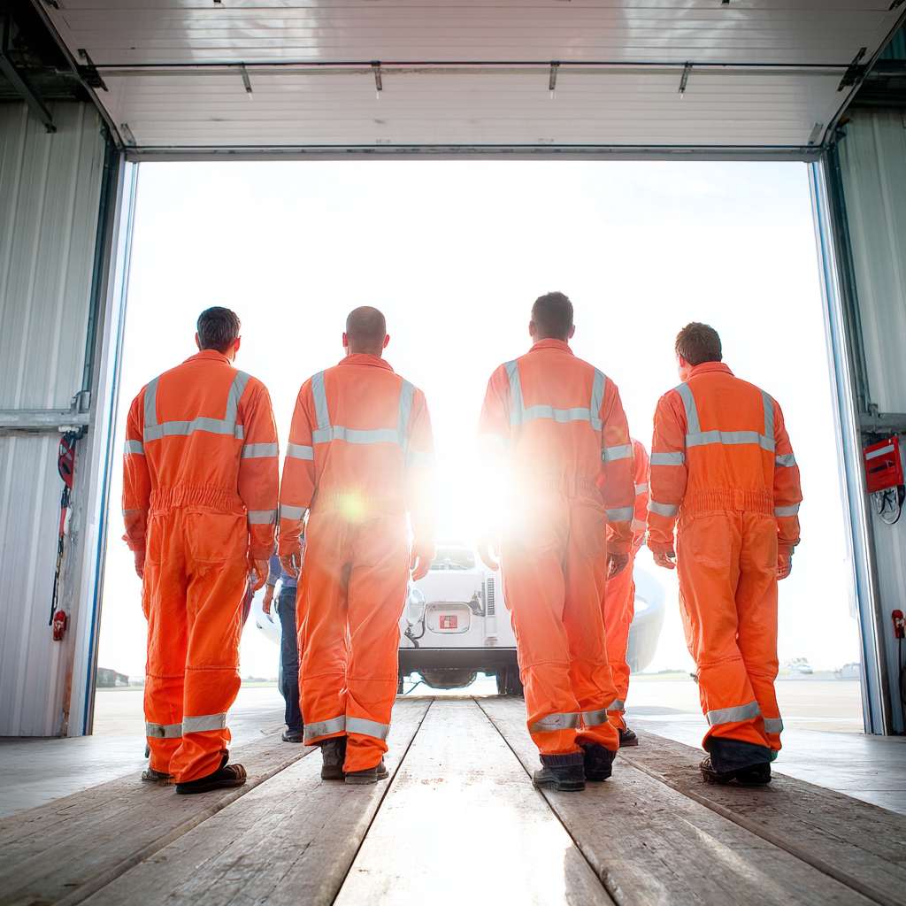 GOS-IMG-WP-AVI-GarageTeam1-1x1-v01 Aviation maintenance team working together in the hangar