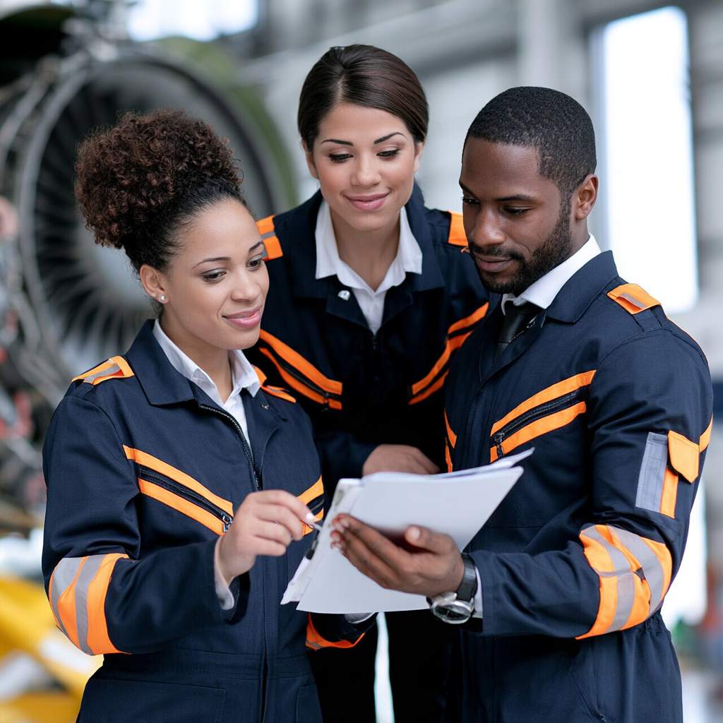 GOS-IMG-WP-AVI-GarageTeam2-1x1-v01 Aircraft maintenance technicians collaborating on a repair