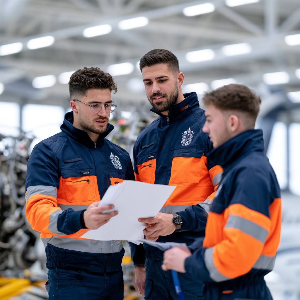 GOS-IMG-WP-AVI-GarageTeam3-1x1-v01 Aviation maintenance crew reviewing aircraft repair work