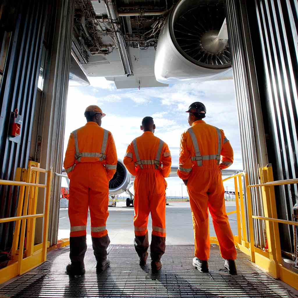 GOS-IMG-WP-AVI-GarageTeam5-1x1-v01 Aircraft maintenance technicians working as a team in the hangar