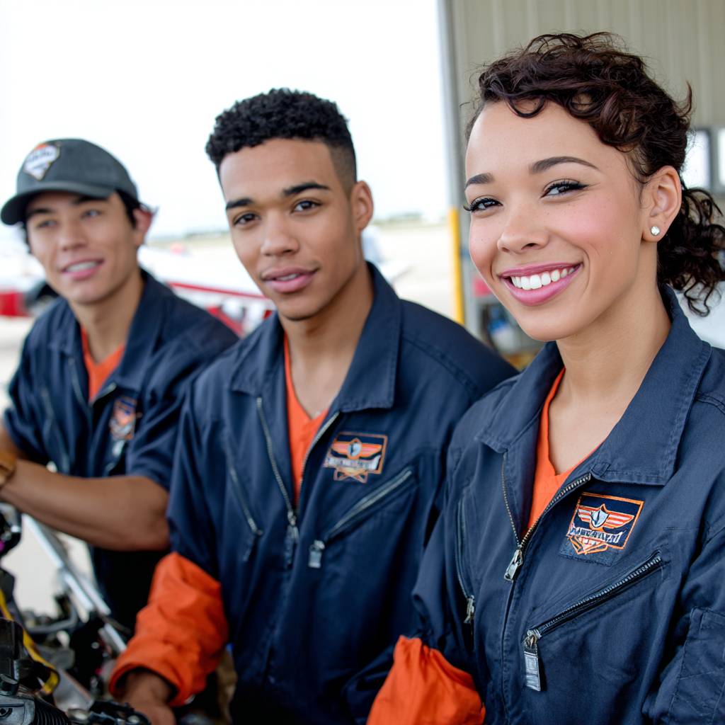 GOS-IMG-WP-AVI-GarageTeam8-1x1-v01 Aircraft maintenance technicians working together on repairs