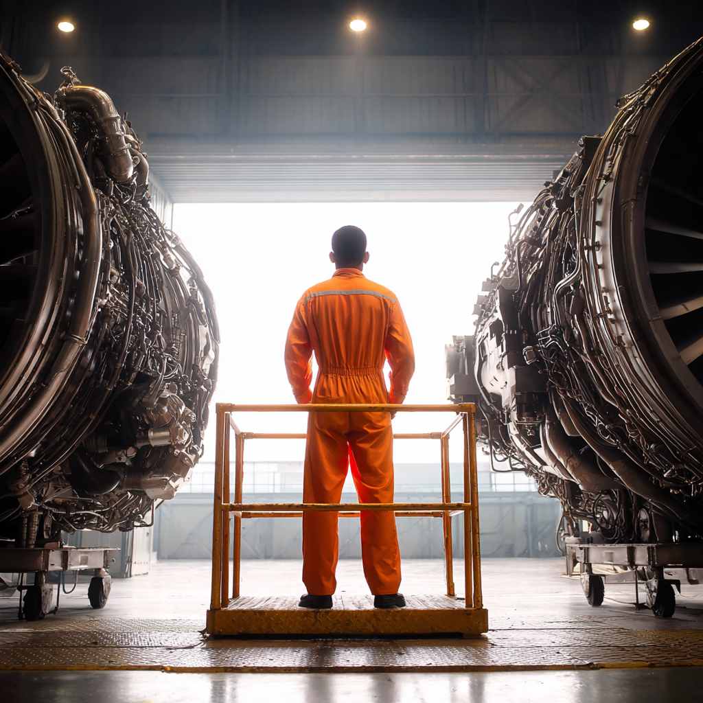 GOS-IMG-WP-AVI-GarageView-1x1-v01 Aircraft maintenance hangar with technicians at work
