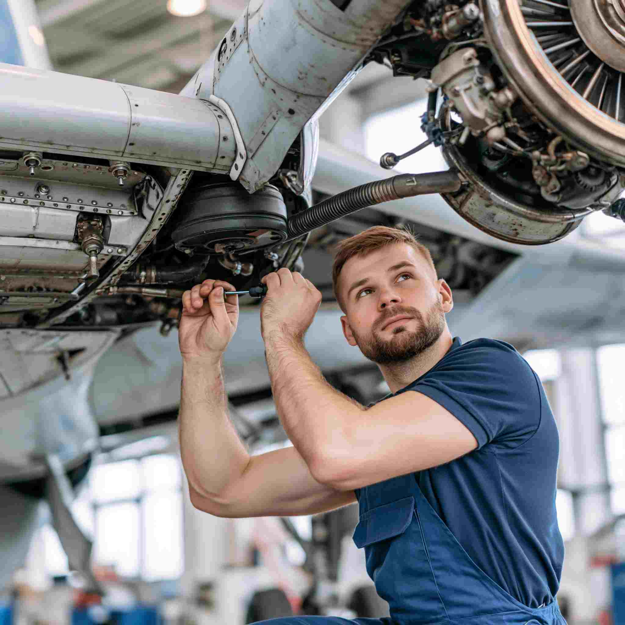 GOS-IMG-WP-AVI-Mechanic-1x1-v01 Aviation mechanic performing aircraft maintenance procedures
