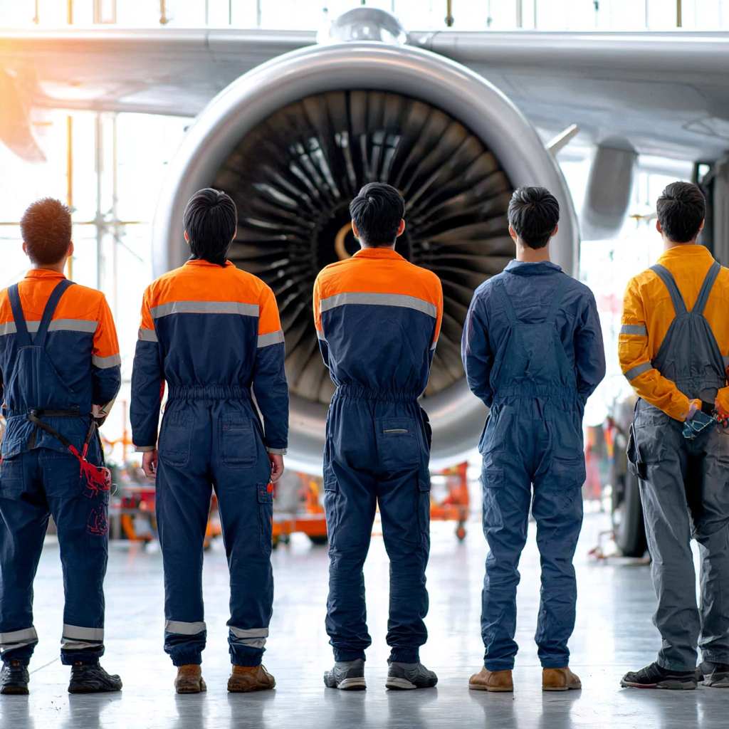 GOS-IMG-WP-AVI-RepairTeam2-1x1-v01 Aircraft repair technicians collaborating on maintenance work