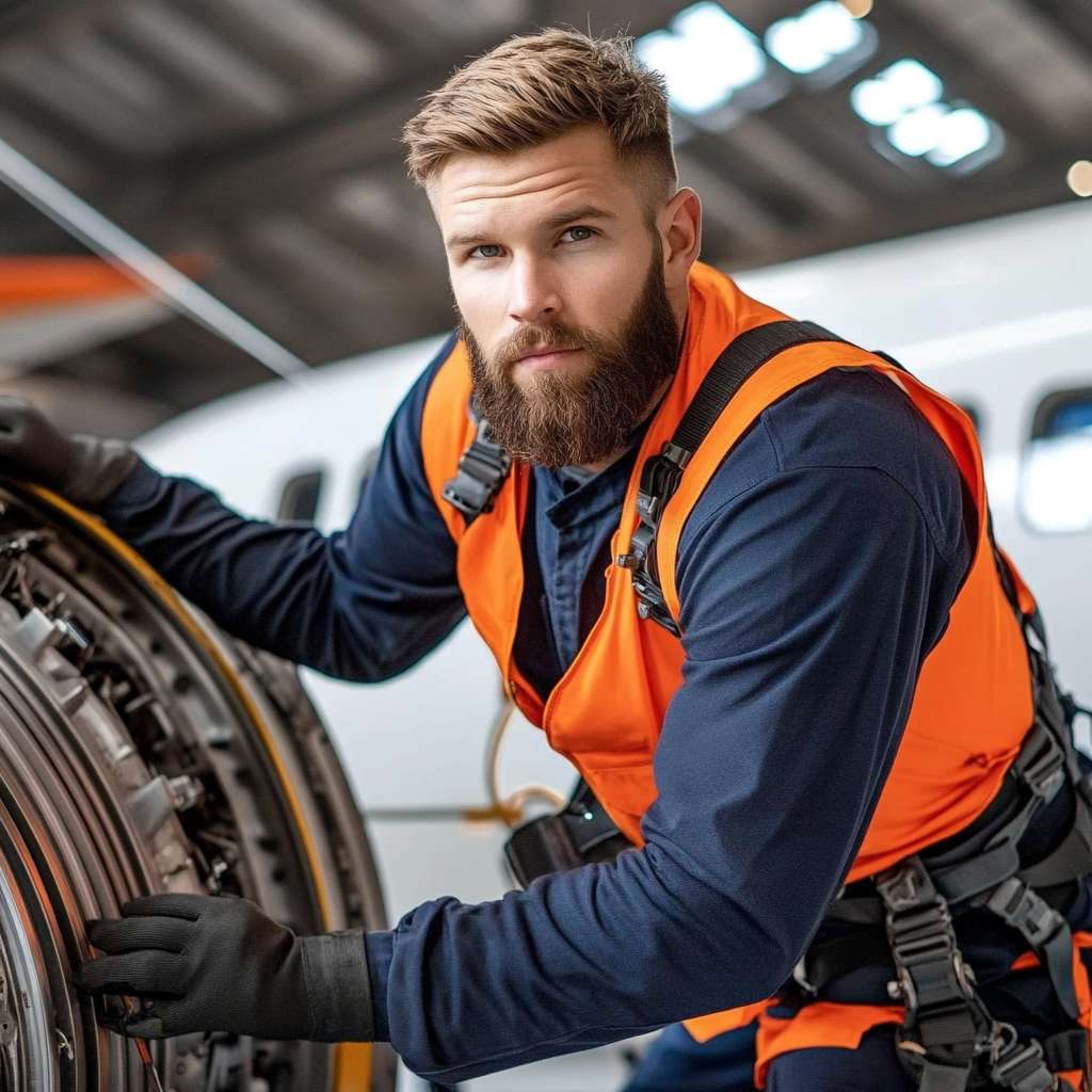 GOS-IMG-WP-AVI-Worker-1x1-v01 Aviation maintenance worker performing aircraft repair tasks