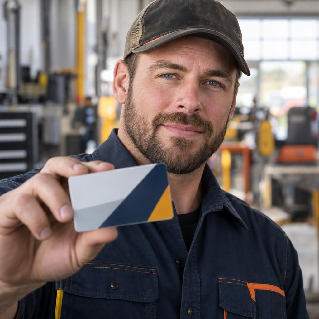 GOS-IMG-WP-CARD-HoldingCard-1x1-v05 A man holding up his journeyman card to show that he has completed his training and is qualified to work independently.