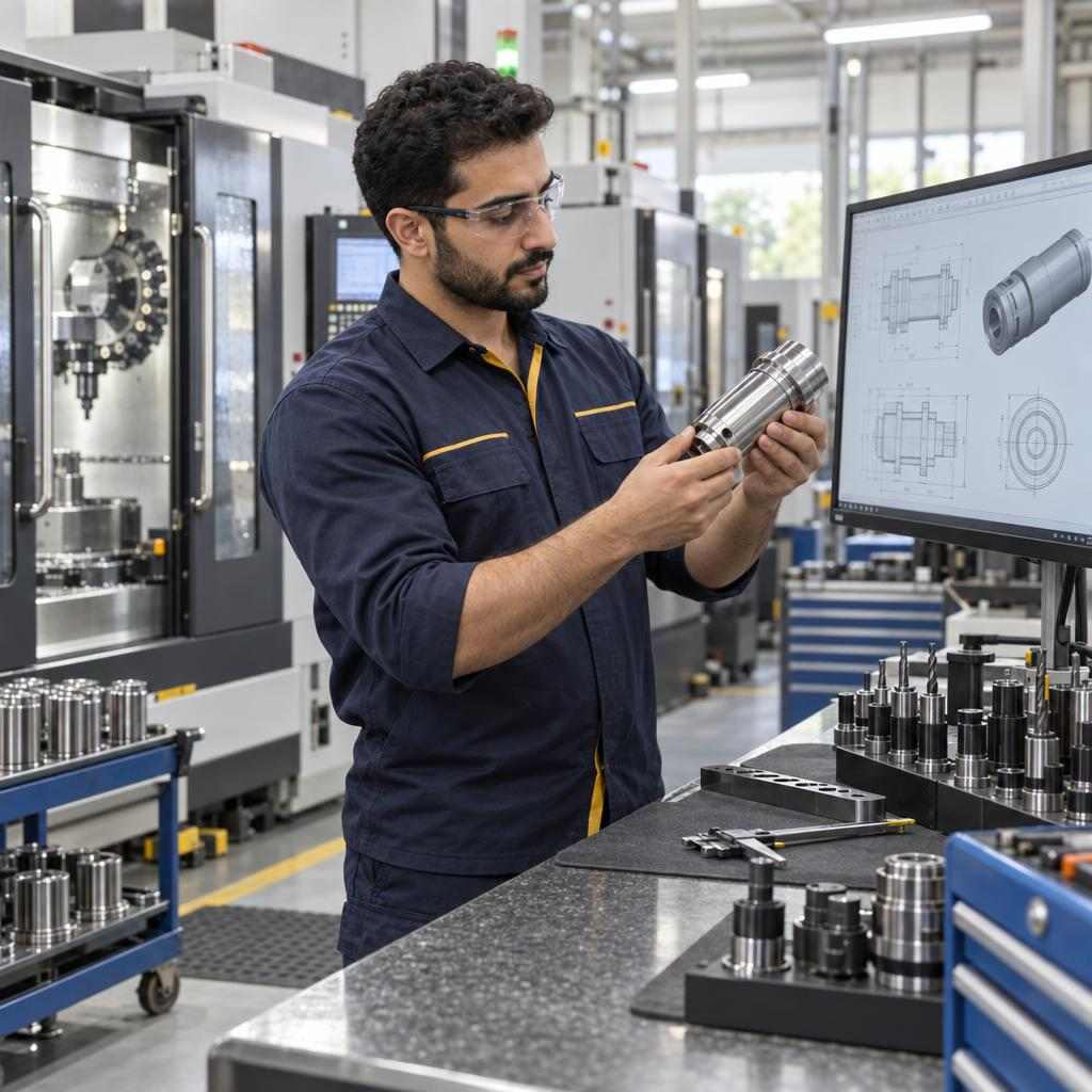 GOS-IMG-WP-MACH-EverydayWork-1x1-v02 An apprentice in a CNC machinist's workshop showing the importance of carefully designed machinist training management.