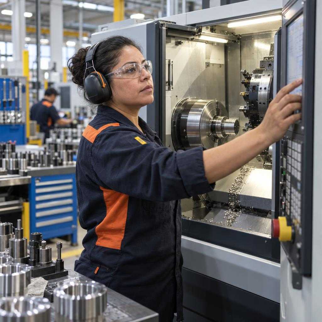 GOS-IMG-WP-MACH-EverydayWork-1x1-v03 A woman taking part in a CNC apprenticeship.