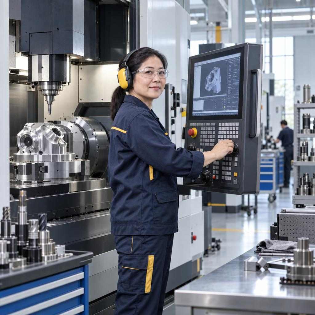 GOS-IMG-WP-MACH-EverydayWork-1x1-v07 A woman in a machining workshop taking part in a CNC machinist apprenticeship.