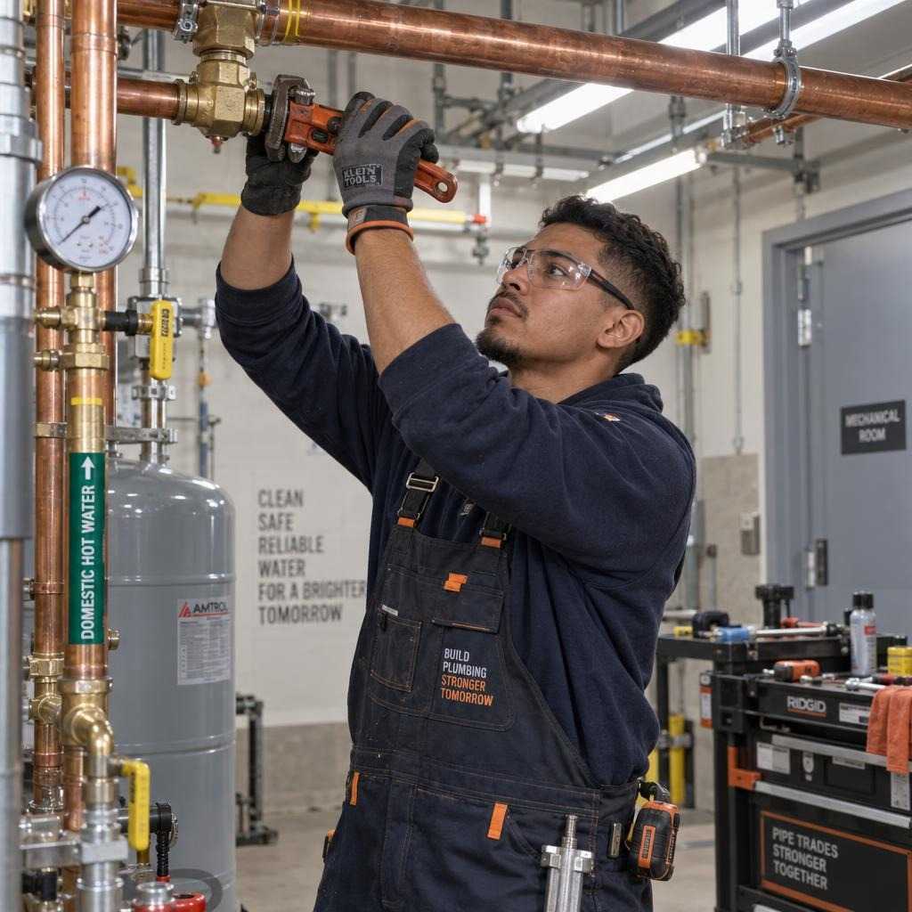 GOS-IMG-WP-PlumberWorking-1x1-v02 A plumbing apprentice hard at work, showcasing the importance of organized plumber training management.