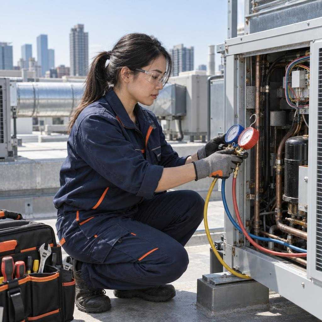 GOS-IMG-WP-TechnicianServicing-1x1-v01 A young HVAC technician in training.