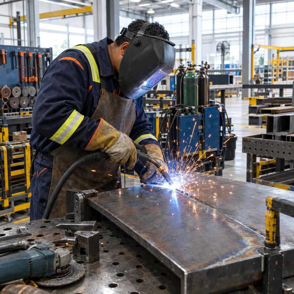 GOS-IMG-WP-WEL-WorkerWelding-1x1-v01 A welding apprentice hard at work in a workshop as part of a welder training program.