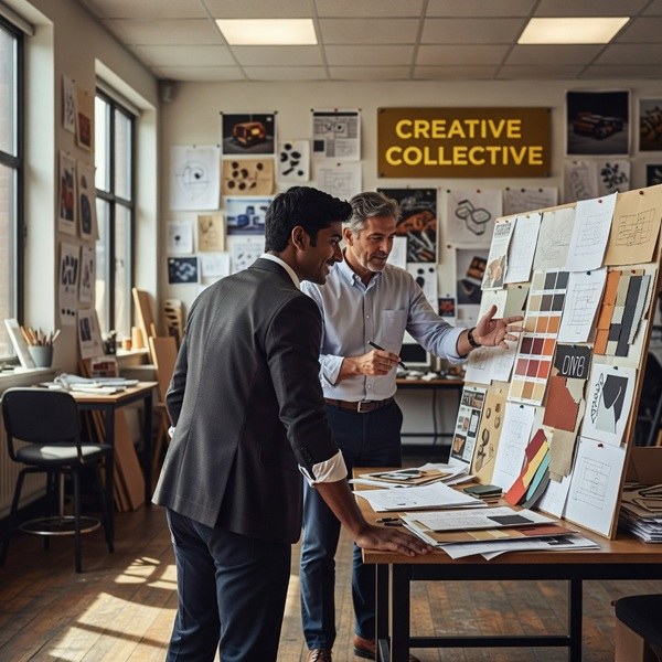 an intern brainstorming creative ideas at a desk