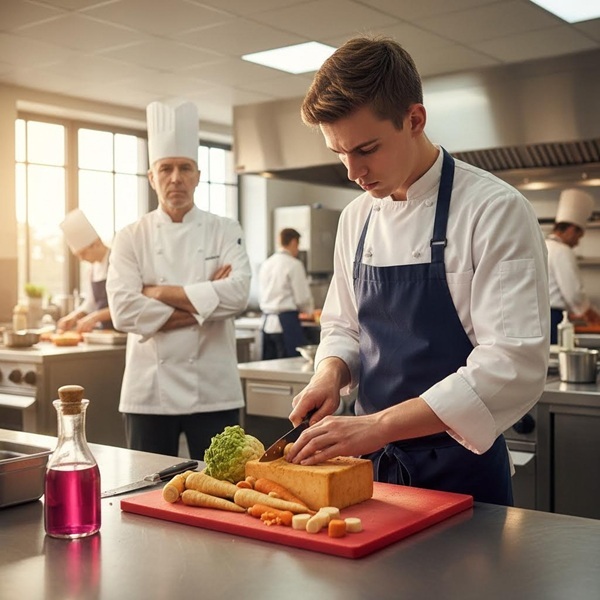 an apprentice helping prepare food in a kitchen