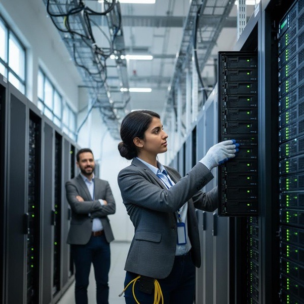 an IT apprentice working on a server rack