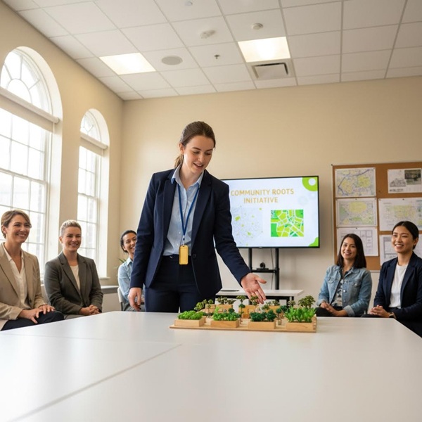 an apprentice presenting a finished project model