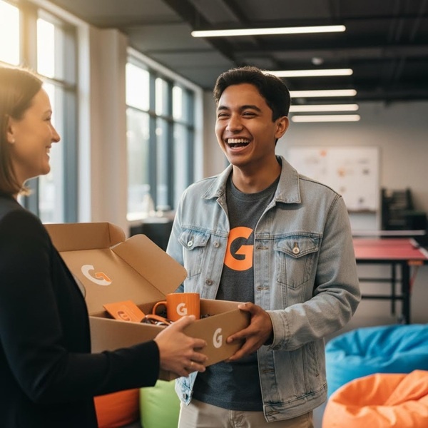 an employee receiving a delivery box at work