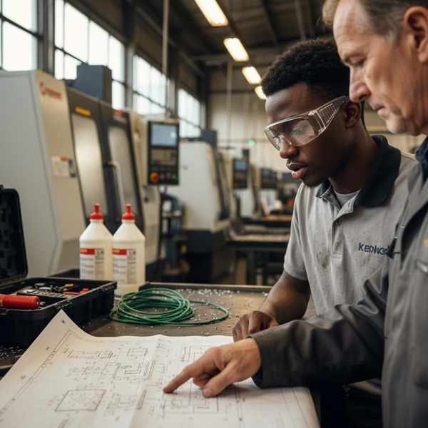 a supervisor and apprentice reviewing plans together