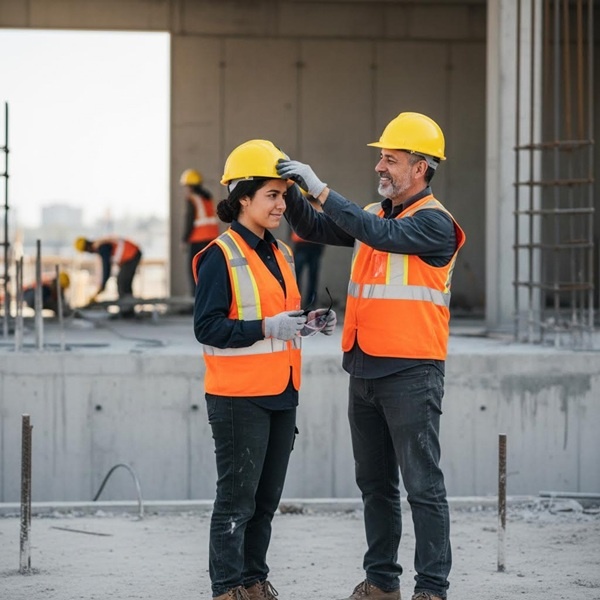 an apprentice putting on safety gear before work