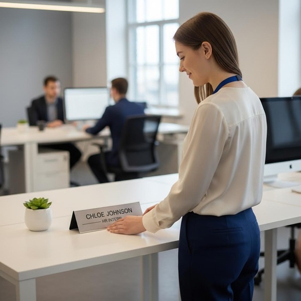 an employee setting up their workspace