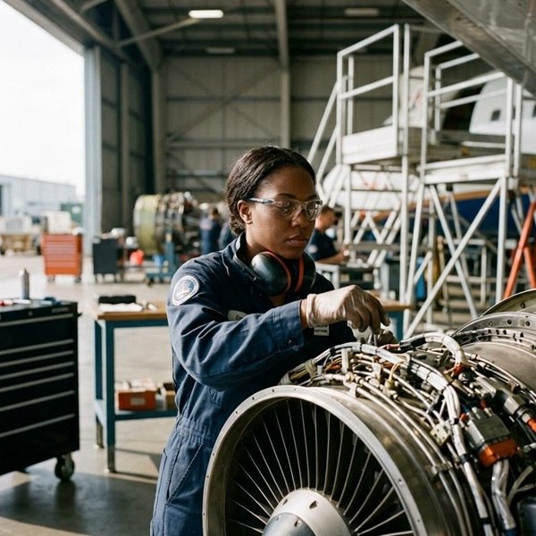 IMG_WP_AVI_WomanFixingEngine_1x1_v02 an aviation mechanic fixing an aircraft engine