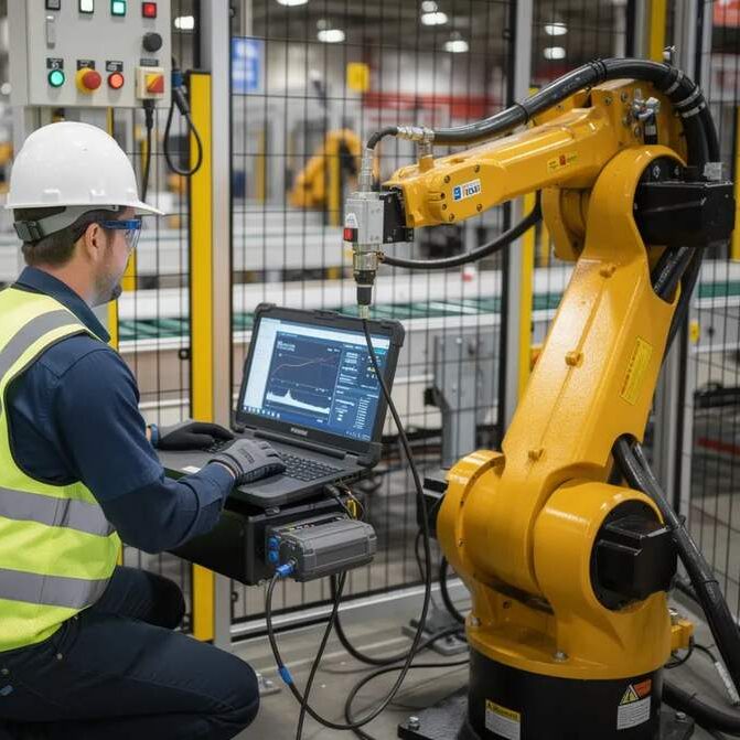 Man working with robotics on a factory floor-opt An apprentice working with a robotic arm on a factory floor as part of his industrial maintenance training.