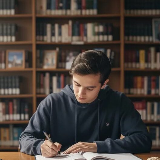 Medical student studying anatomy in a library-opt A young apprentice studying for his licensing exam, hoping to receive his journeyman card.