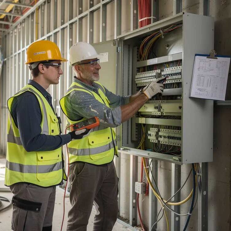 apprentice-electrician-job-site-panel A young adult and an experienced electrician work together on a commercial job site.